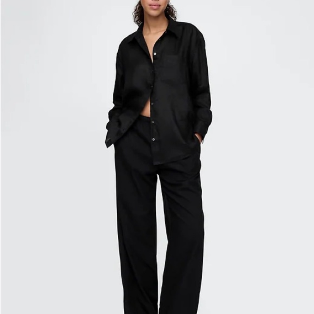 Gap Linen-Blend Easy Wide-Hem Pants, Black, Small Tall